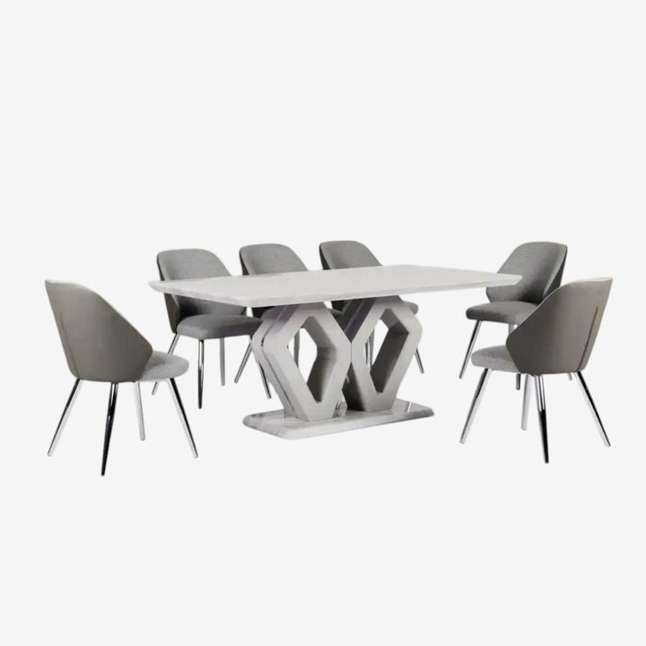 Villas Wooden Dining Table Set For 6 With Tempered Glass Top - Grey/ White