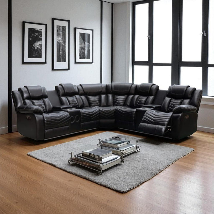 Mitchell 5-Seater Power Recliner Sectional In Air Leather Upholstery - Black
