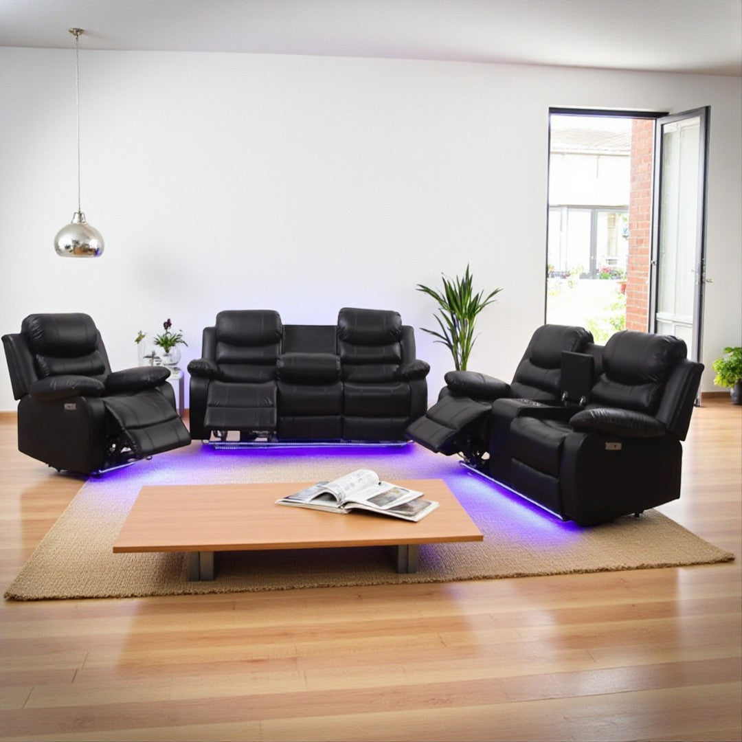 Sierra 3-Piece Power Recliner Set In Air-Leather Upholstery - Black