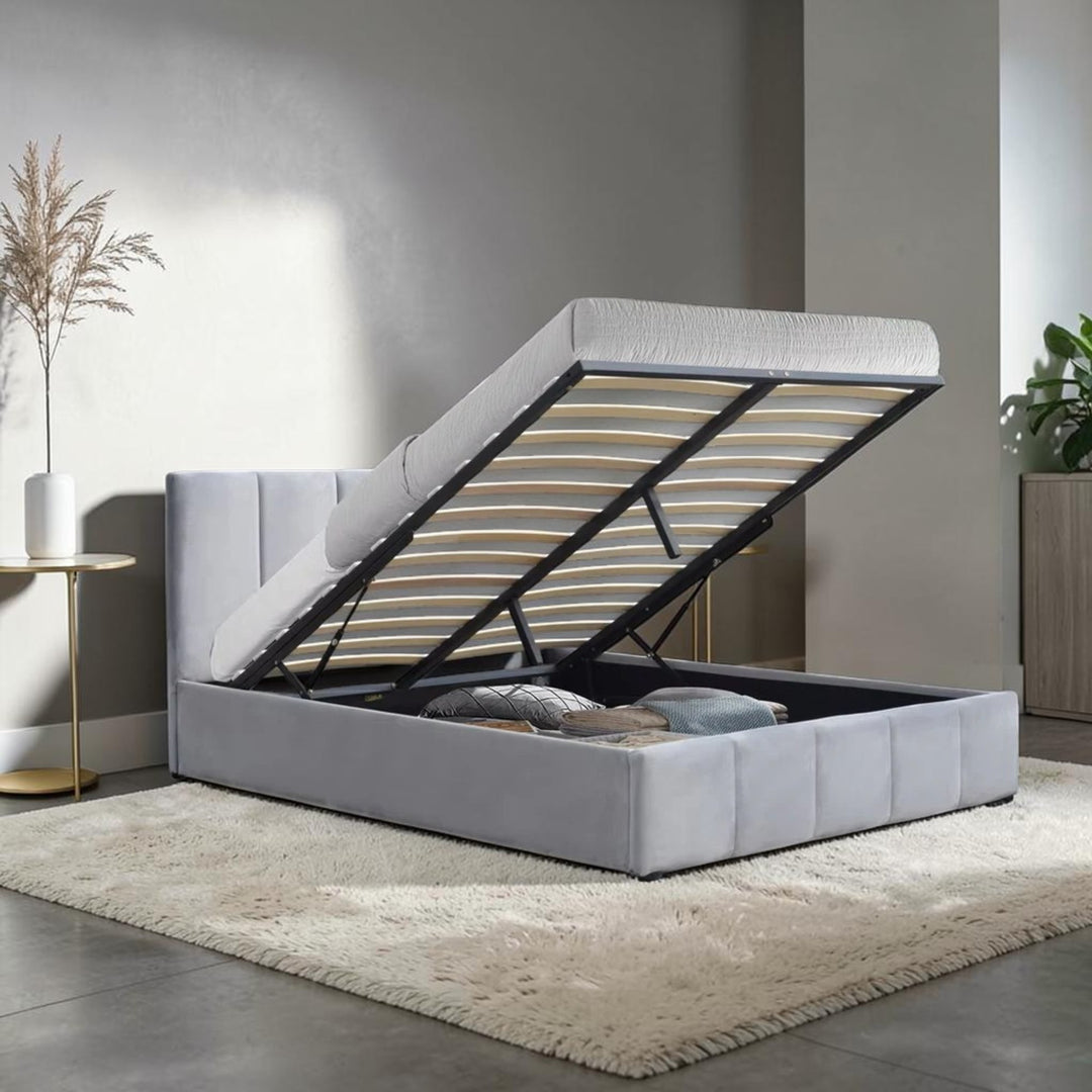 Stark Fabric Platform Bed Frame With Hydraulic Lift-Up Storage - Grey