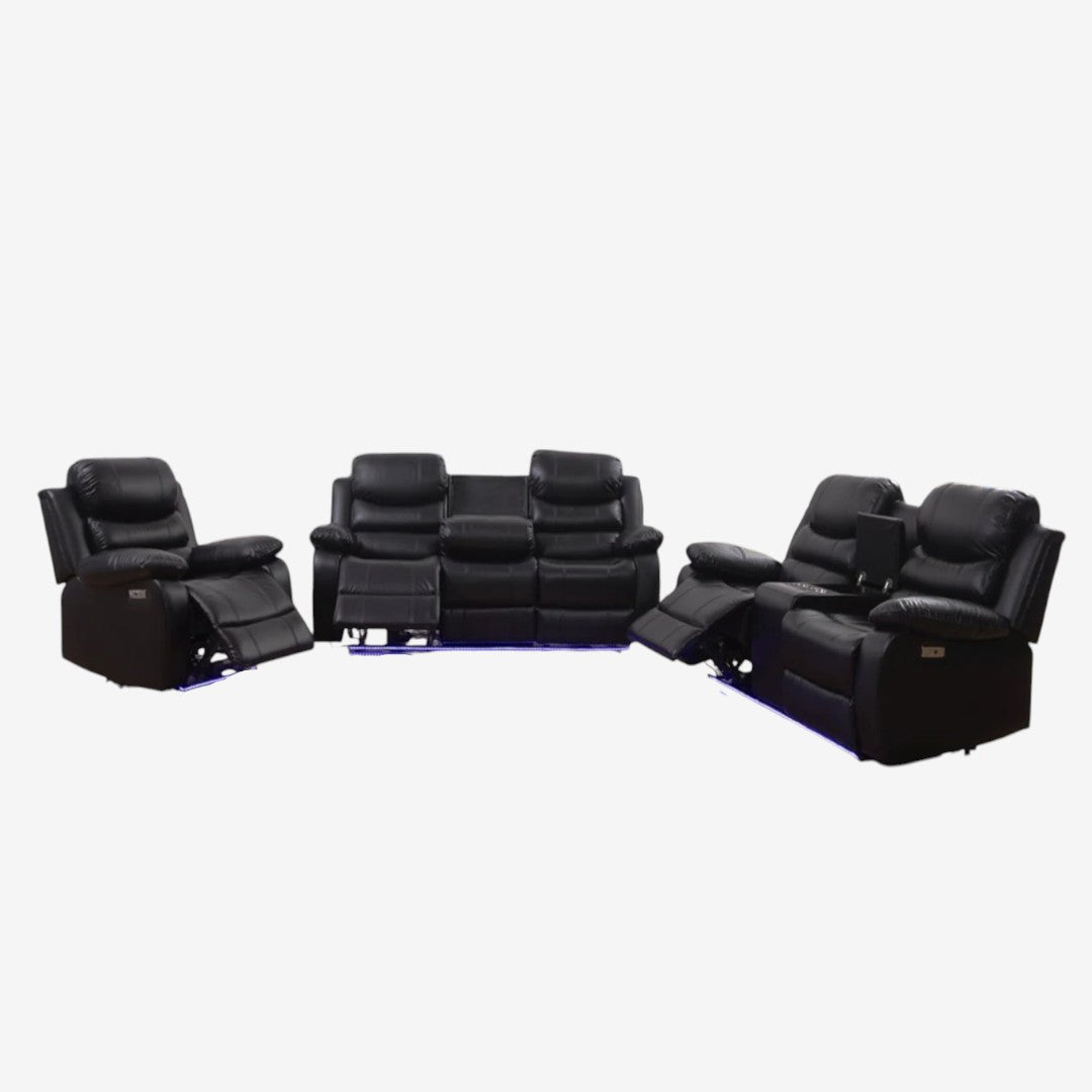 Sierra 3-Piece Power Recliner Set In Air-Leather Upholstery - Black