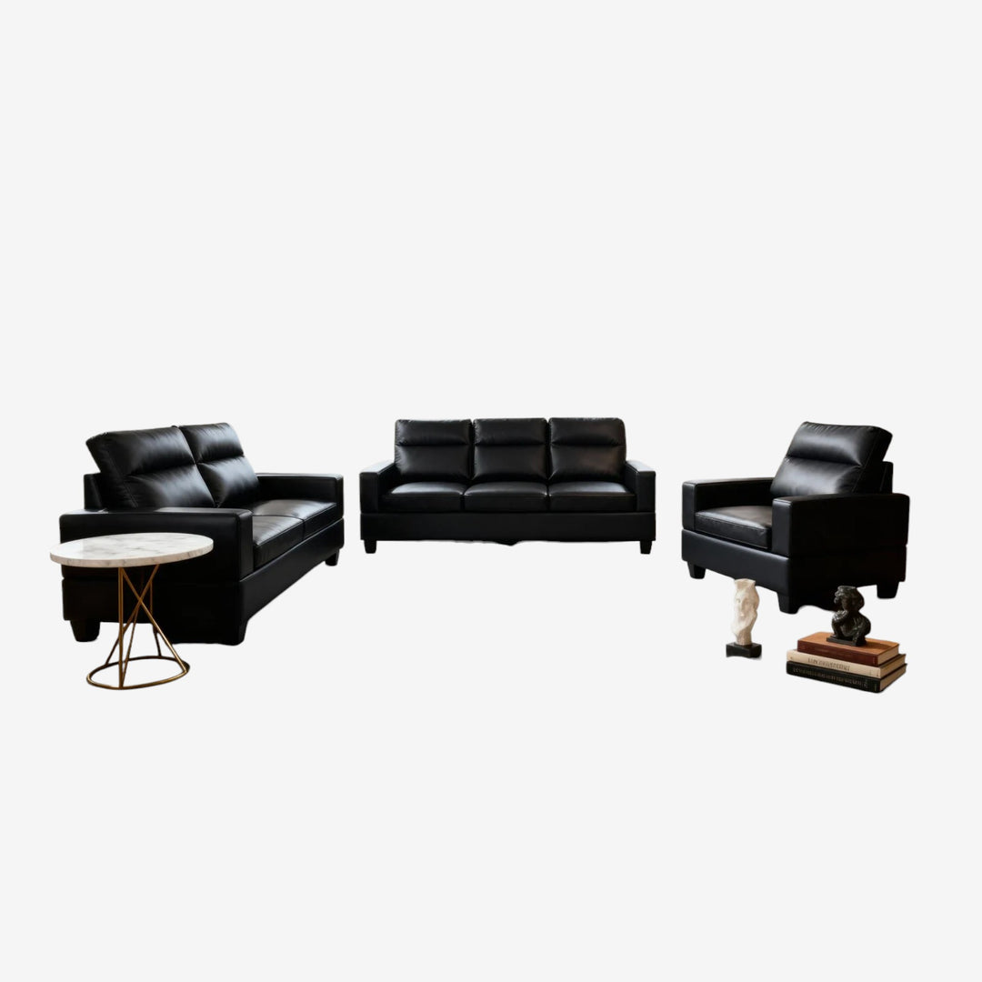 Loom 3-Piece Stationary Sofa Set In Leatherette Upholstery - Black