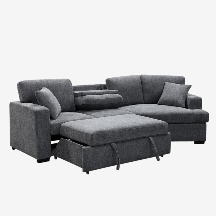 Avira Cuddler Corner Sofa Bed - Grey | Dropdown Tray, Cup Holders, Pull-Out Sleeper & Fabric Upholstery
