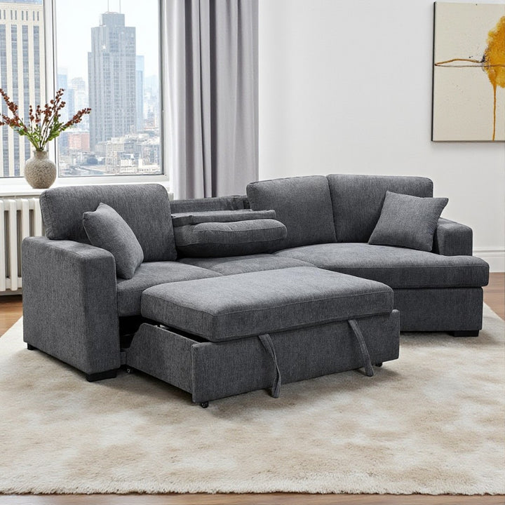 Avira Cuddler Corner Sofa Bed - Grey | Dropdown Tray, Cup Holders, Pull-Out Sleeper & Fabric Upholstery