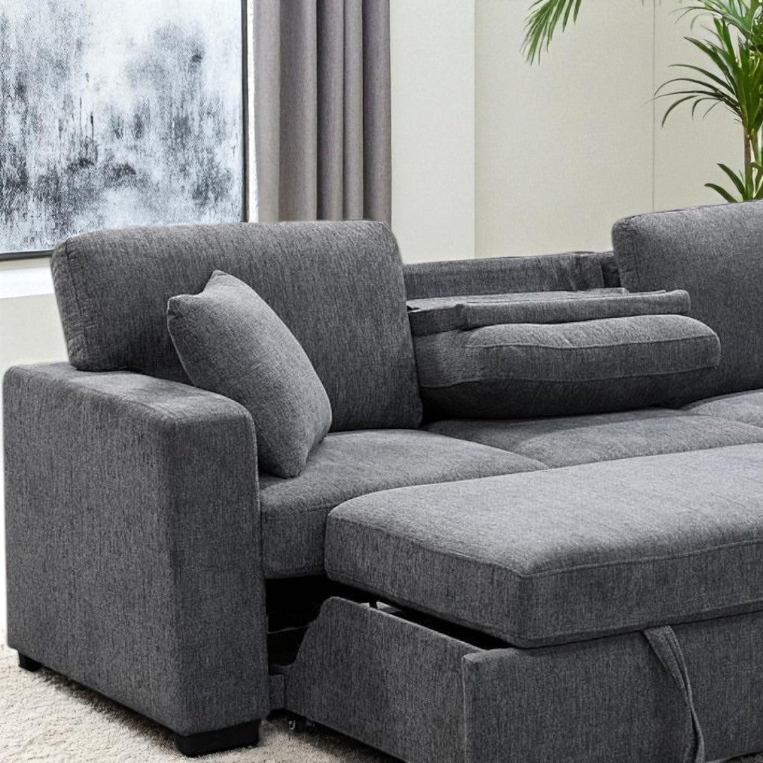 Avira Cuddler Corner Sofa Bed - Grey | Dropdown Tray, Cup Holders, Pull-Out Sleeper & Fabric Upholstery