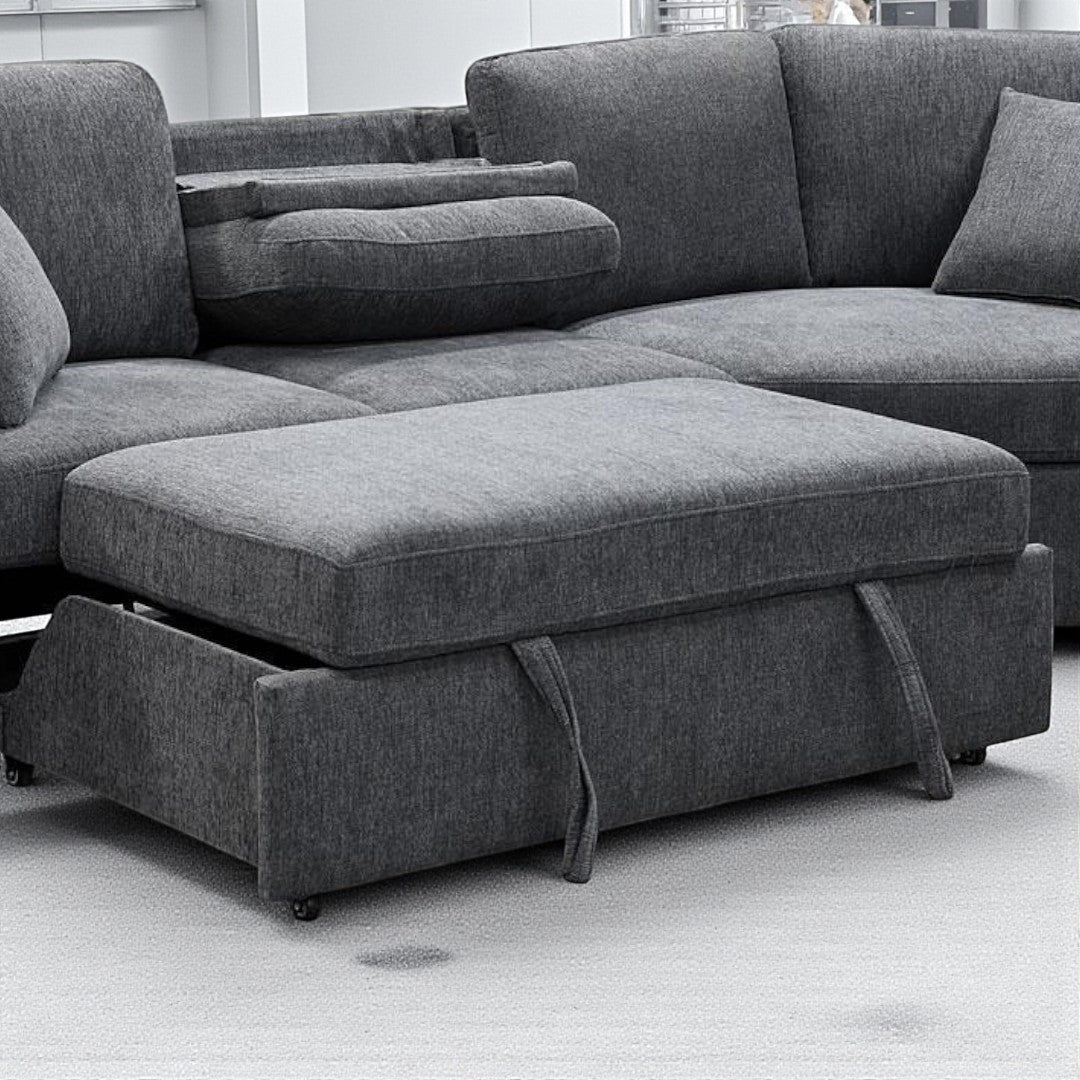 Avira Cuddler Corner Sofa Bed - Grey | Dropdown Tray, Cup Holders, Pull-Out Sleeper & Fabric Upholstery