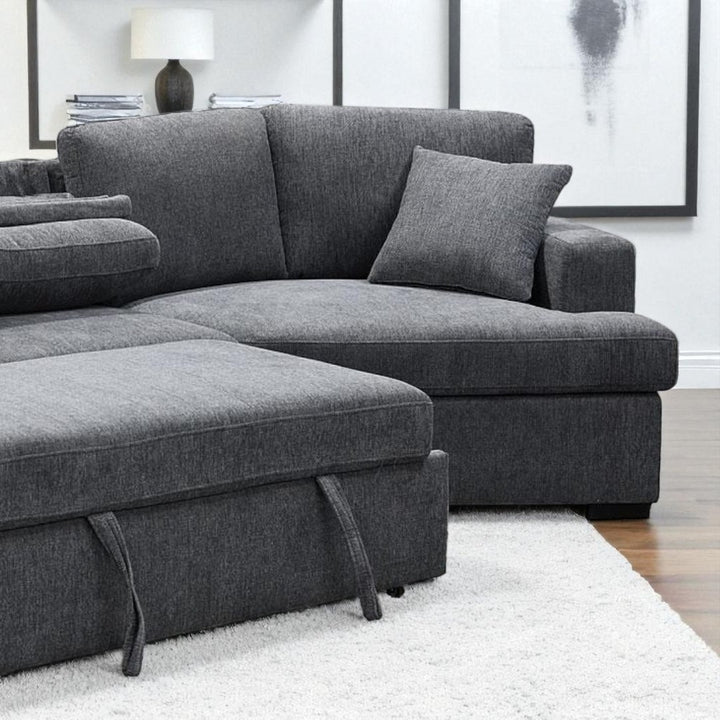 Avira Cuddler Corner Sofa Bed - Grey | Dropdown Tray, Cup Holders, Pull-Out Sleeper & Fabric Upholstery