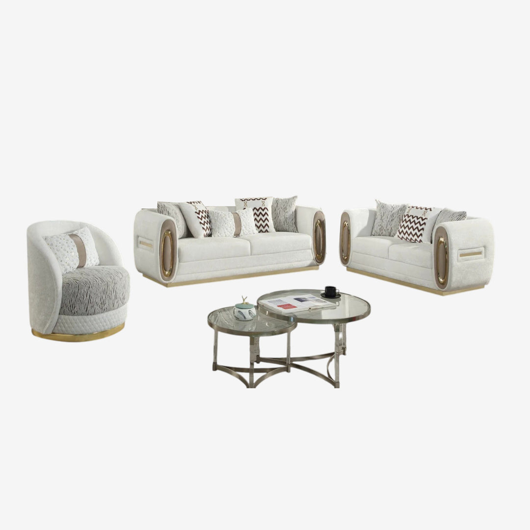 Welma 3-Piece Stationary Sofa Set In Fabric Upholstery - Cream/ Gold