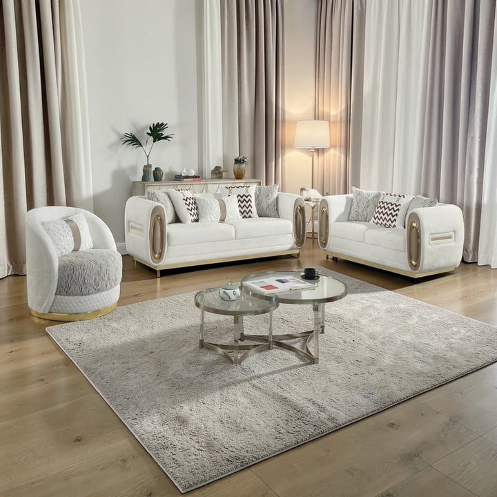 Welma 3-Piece Stationary Sofa Set In Fabric Upholstery - Cream/ Gold