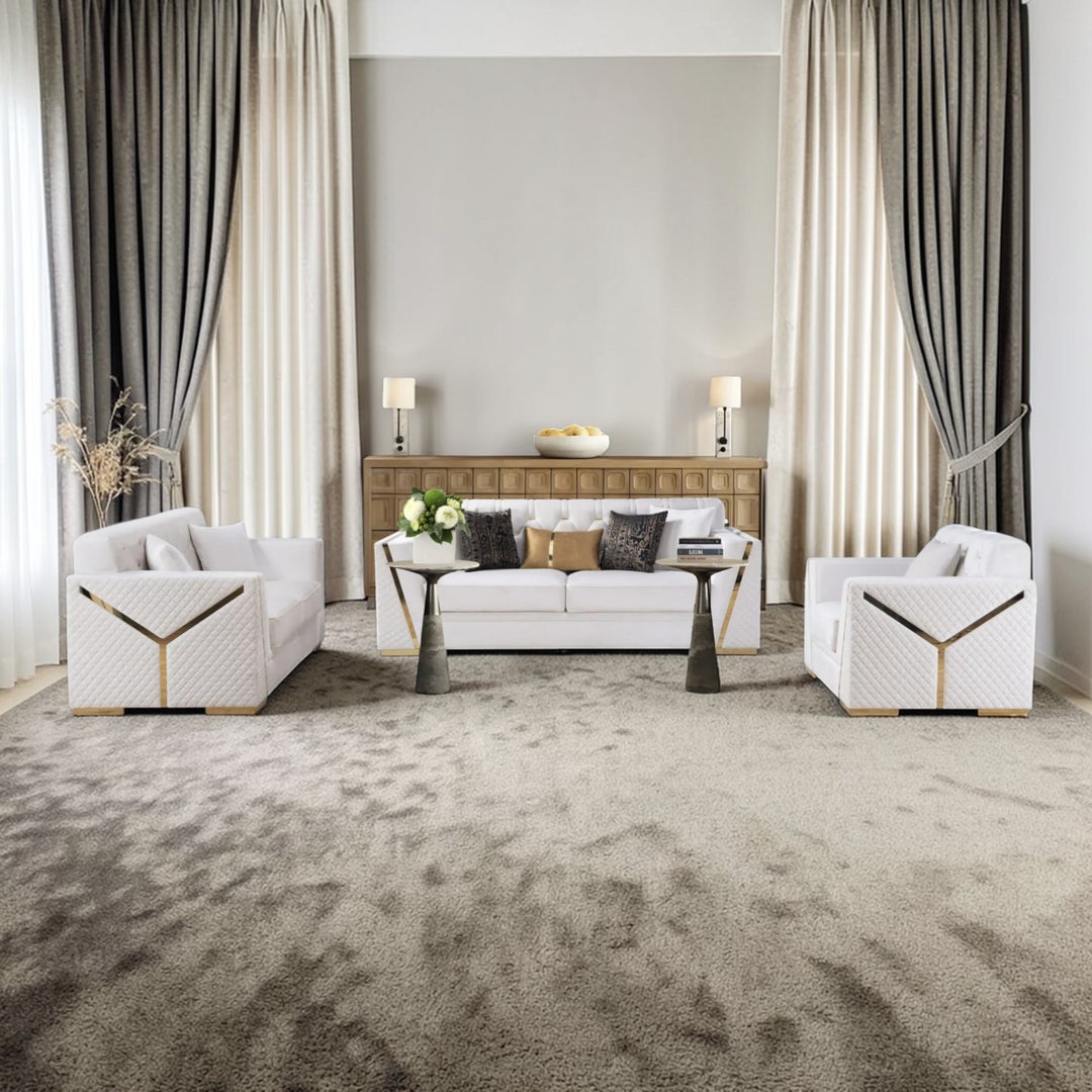 Volion 3-Piece Stationary Sofa Set In Fabric Upholstery - Beige/ Gold