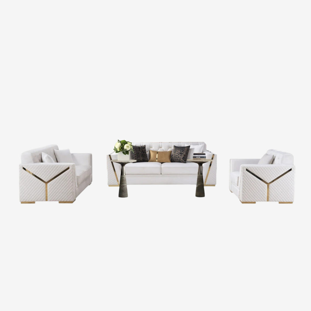 Volion 3-Piece Stationary Sofa Set In Fabric Upholstery - Beige/ Gold