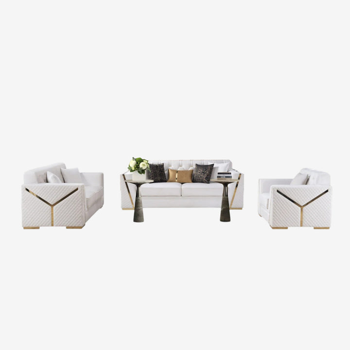 Volion 3-Piece Stationary Sofa Set In Fabric Upholstery - Beige/ Gold