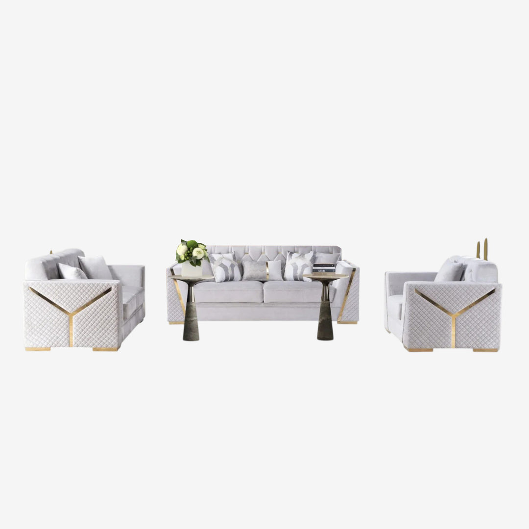 Volion 3-Piece Stationary Sofa Set In Fabric Upholstery - Grey/ Gold
