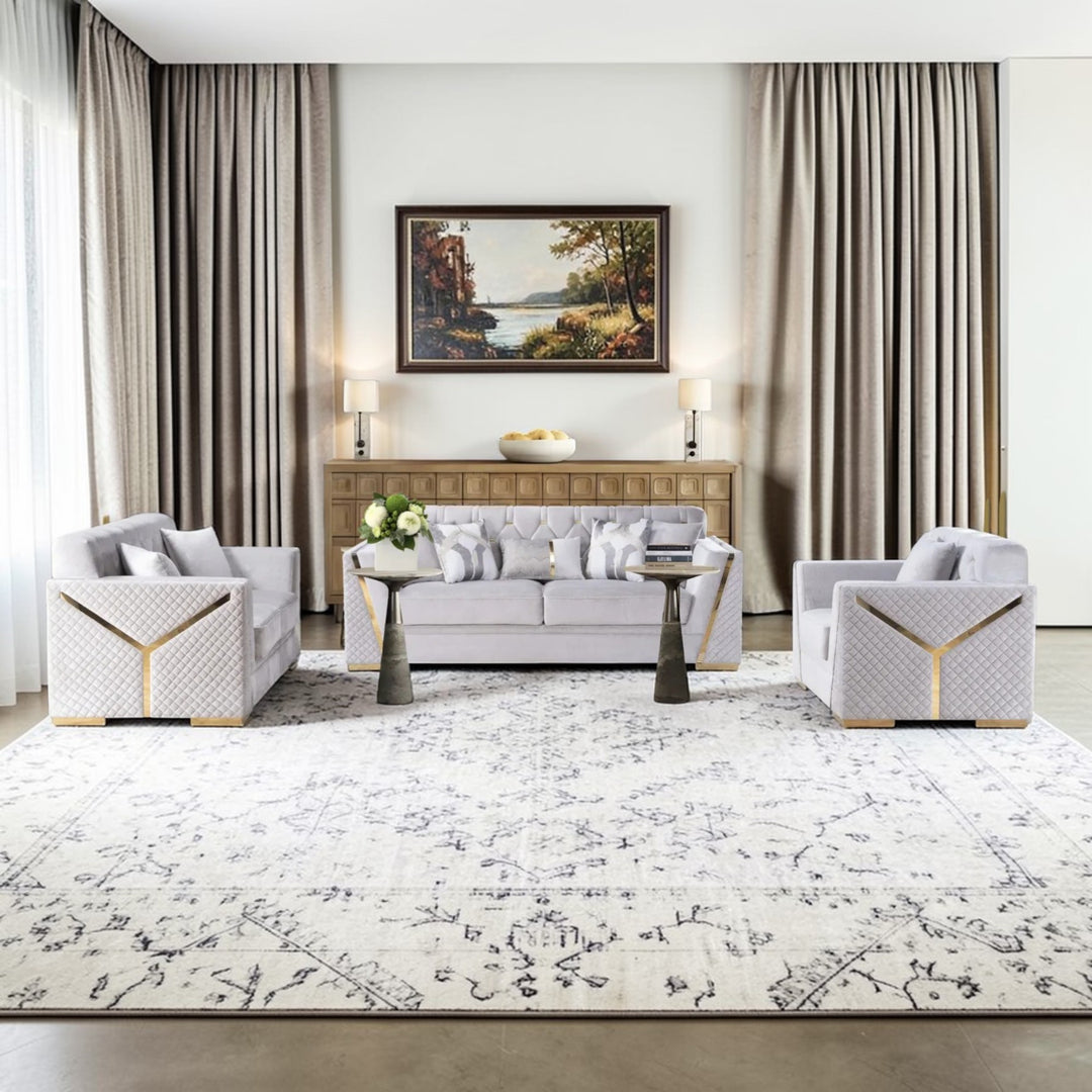 Volion 3-Piece Stationary Sofa Set In Fabric Upholstery - Grey/ Gold
