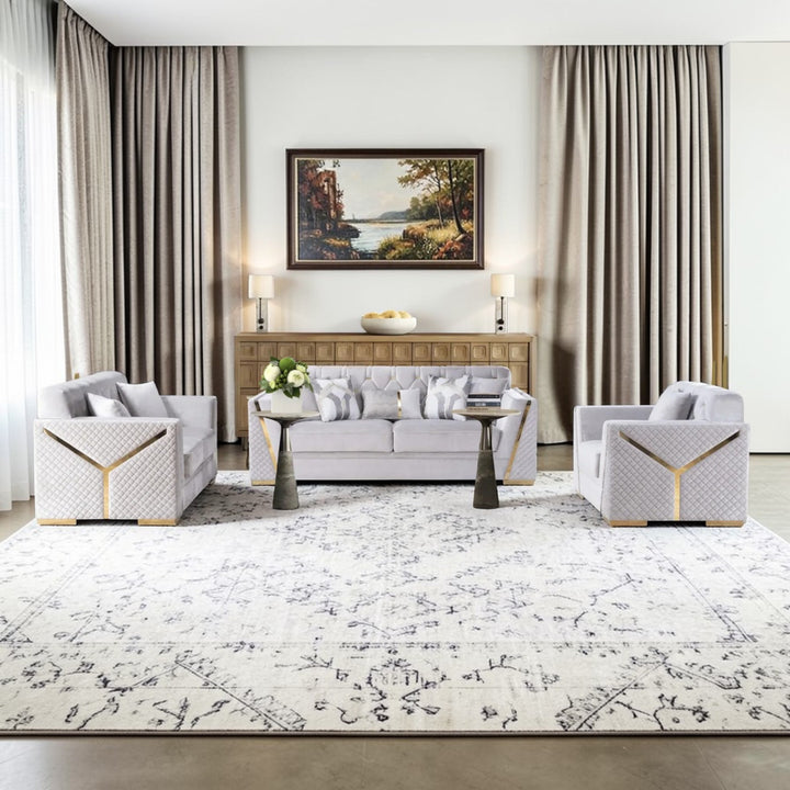 Volion 3-Piece Stationary Sofa Set In Fabric Upholstery - Grey/ Gold