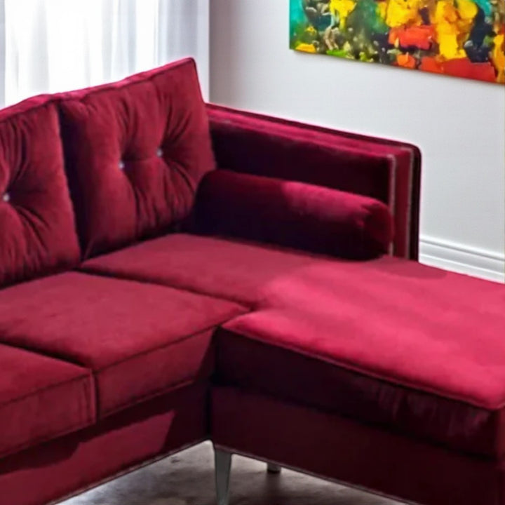 Diamond Red Velvet Sectional Sofa with Reversible Chaise
