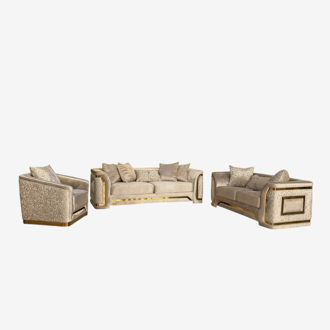 Zimba 3-Piece Stationary Sofa Set In Fabric Upholstery - Cream/ Gold