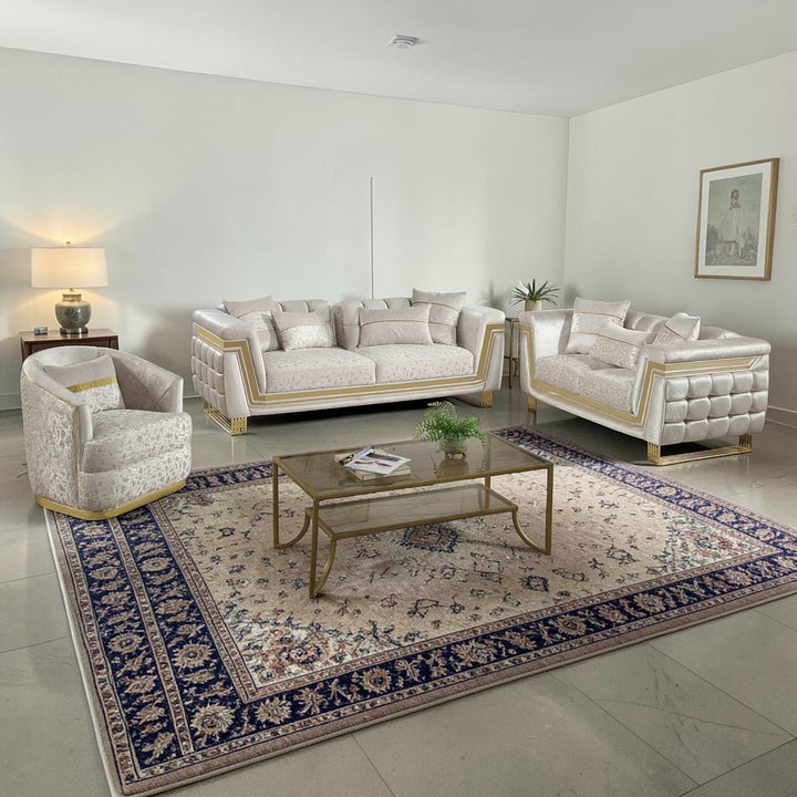 Sirri 3-Piece Stationary Sofa Set In Fabric Upholstery - Cream/ Gold