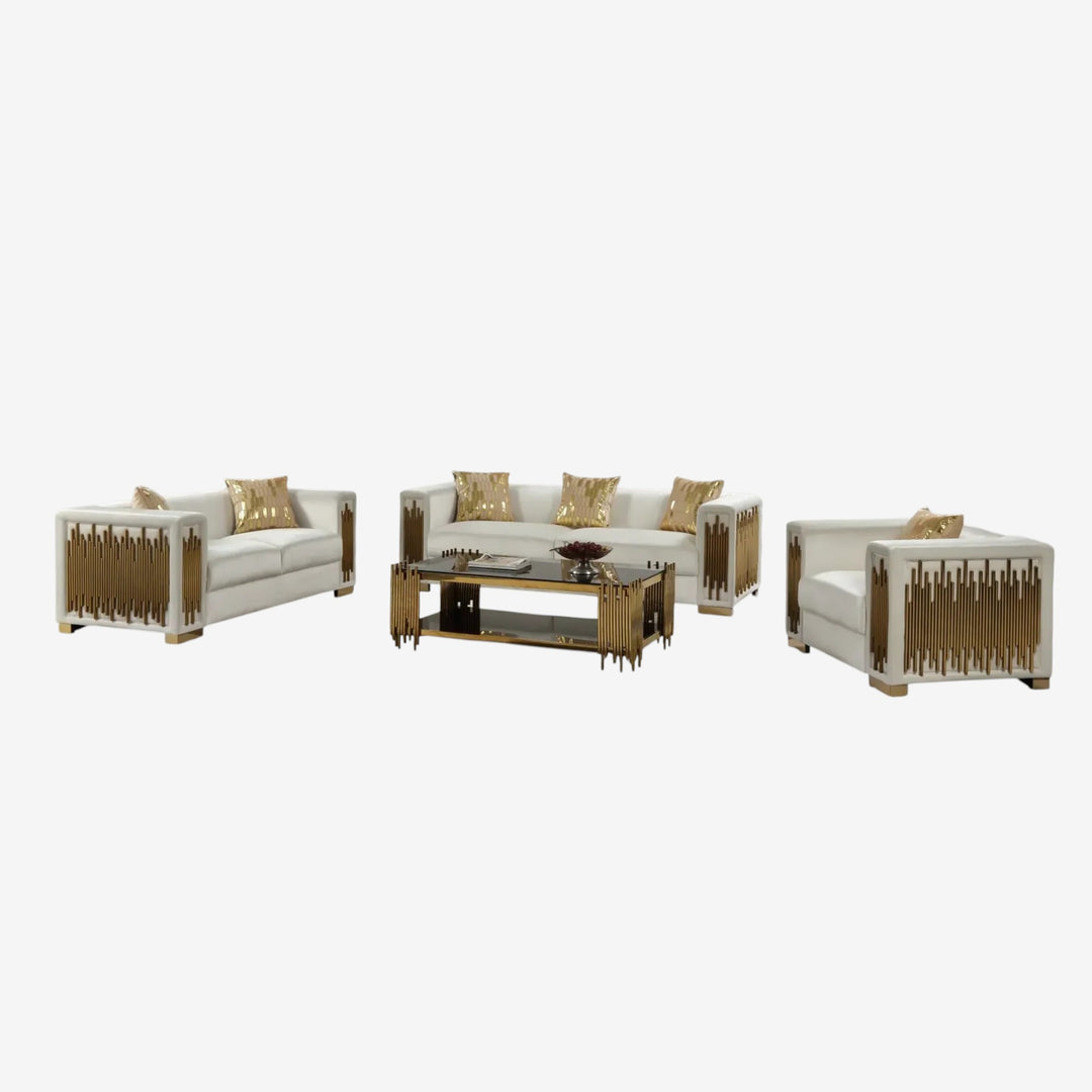 Fegma 3-piece Velvet Upholstered Sofa Set In White/ Gold Finish