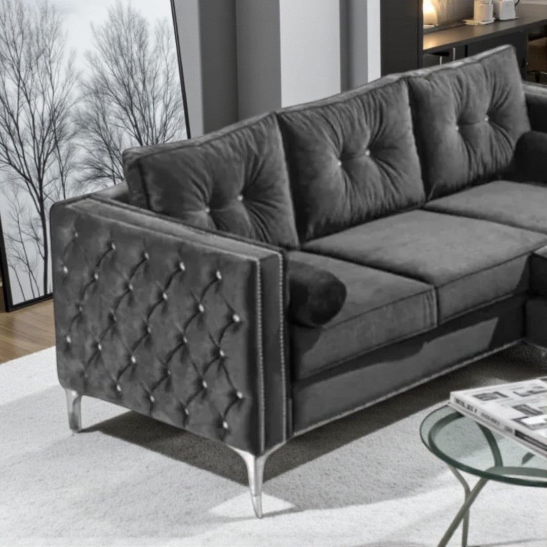 Diamond Fabric Upholstered Sectional Sofa With Reversible Chaise - Grey