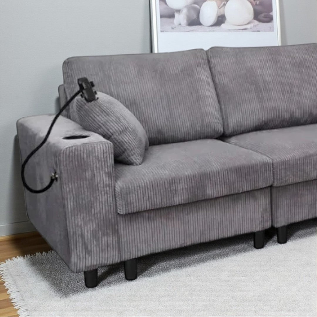 Tristan 4-Piece Fabric Sectional Sofa With USB Charging Ports - Grey
