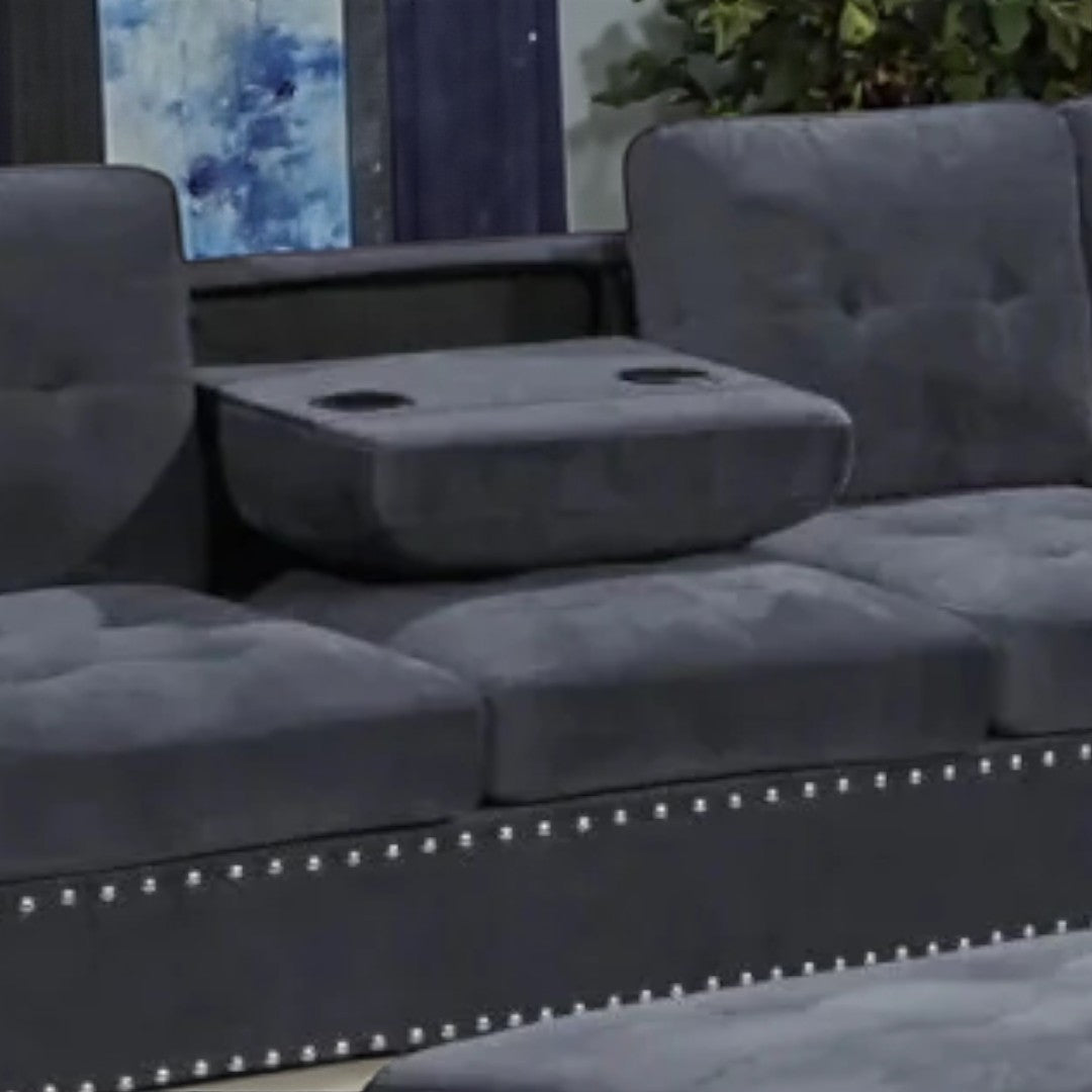 Damien Fabric Upholstered Sectional Sofa With Storage Ottoman - Grey