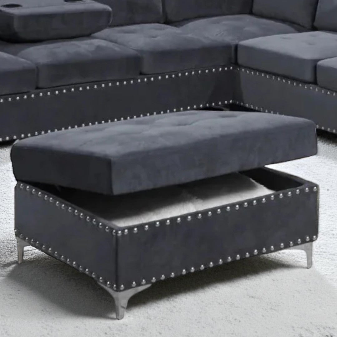 Damien Fabric Upholstered Sectional Sofa With Storage Ottoman - Grey