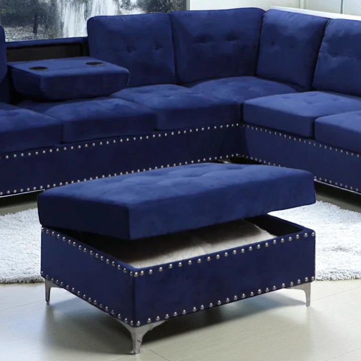 Damien Fabric Upholstered Sectional Sofa With Storage Ottoman - Blue