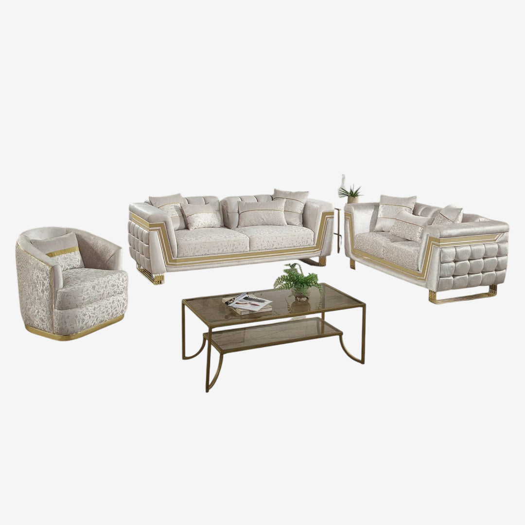 Sirri 3-Piece Stationary Sofa Set In Fabric Upholstery - Cream/ Gold