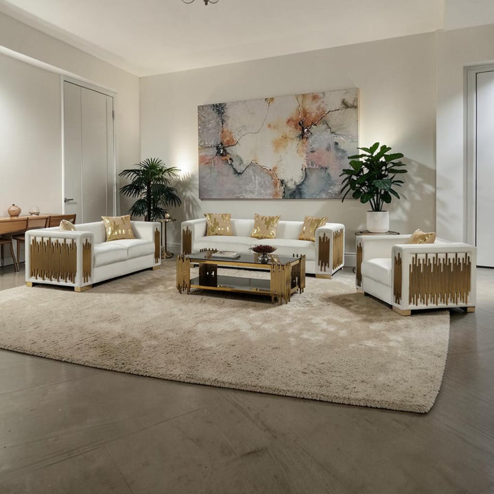 Fegma 3-piece Velvet Upholstered Sofa Set In White/ Gold Finish