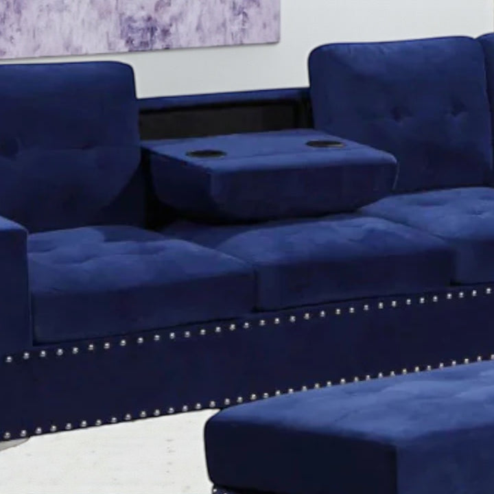 Damien Fabric Upholstered Sectional Sofa With Storage Ottoman - Blue