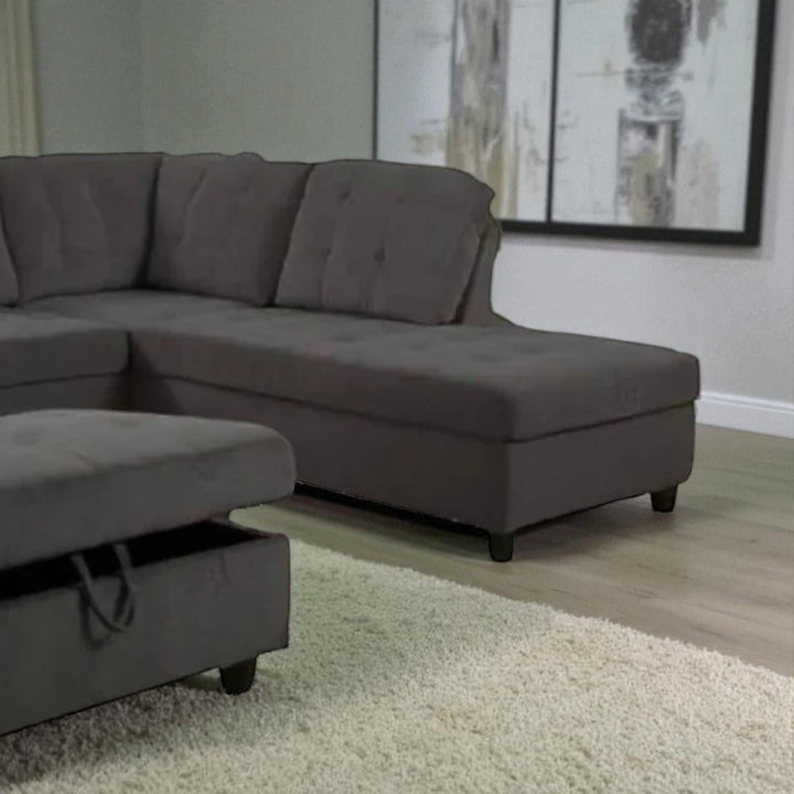 Elvario 2-Piece Fabric Upholstered Sectional Sofa With Storage Ottoman - Dark Grey | Available In LHF/ RHF Configuration