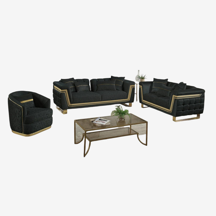 Sirri 3-Piece Stationary Sofa Set In Fabric Upholstery - Black/ Gold