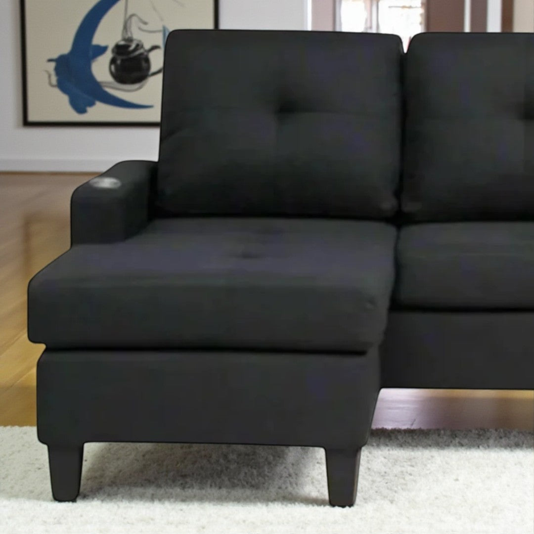 Reeves Sectional Sofa With Built-in Cup Holders & Reversible Chaise - Black