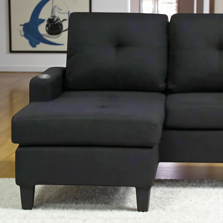 Reeves Sectional Sofa With Built-in Cup Holders & Reversible Chaise - Black