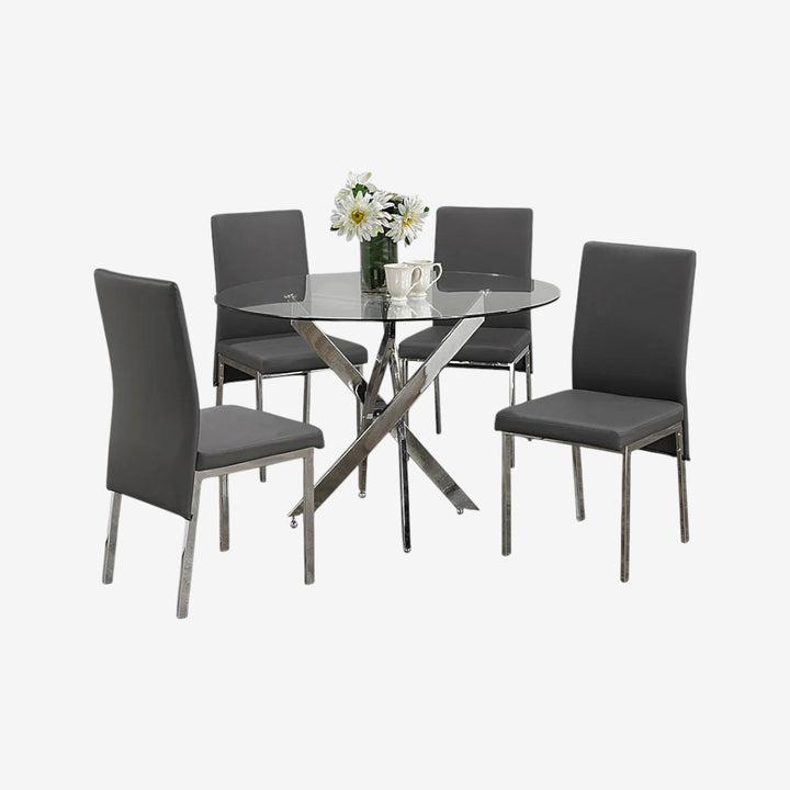 Urbane Metallic Dining Table Set For 4 With PU Upholstered Chairs - Grey