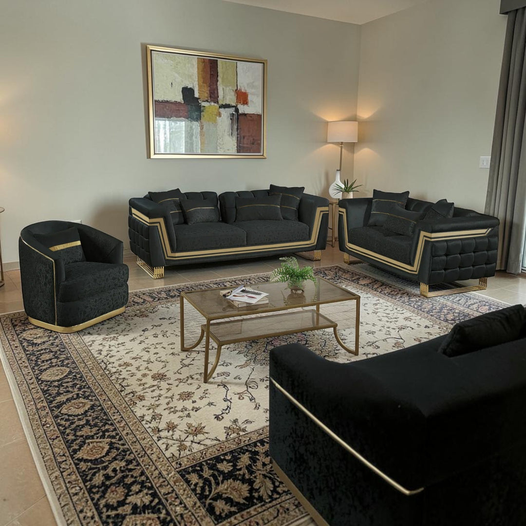 Sirri 3-Piece Stationary Sofa Set In Fabric Upholstery - Black/ Gold
