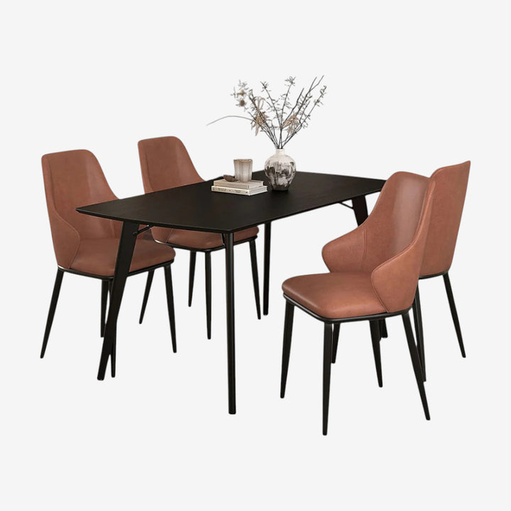Leda Dining Table Set For 4 With Leather Upholstered Chairs - Black/ Saddle