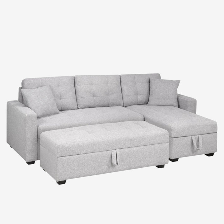 Gala Fabric Upholstered Reversible Sectional Sofa Bed With Ottoman - Light Grey | Timeless, Comfortable, Durable & Storage Solution