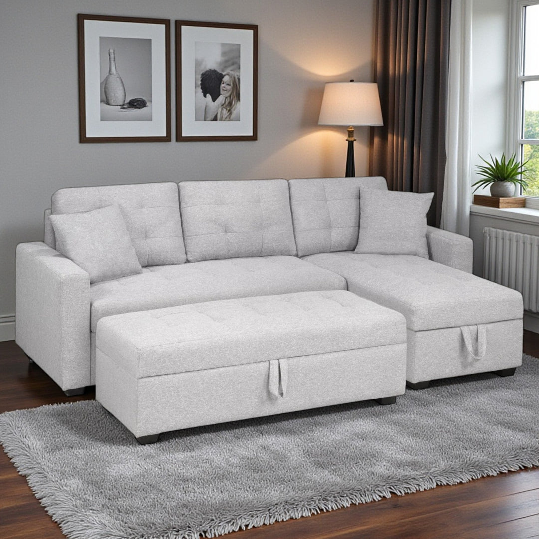 Gala Fabric Upholstered Reversible Sectional Sofa Bed With Ottoman - Light Grey | Timeless, Comfortable, Durable & Storage Solution