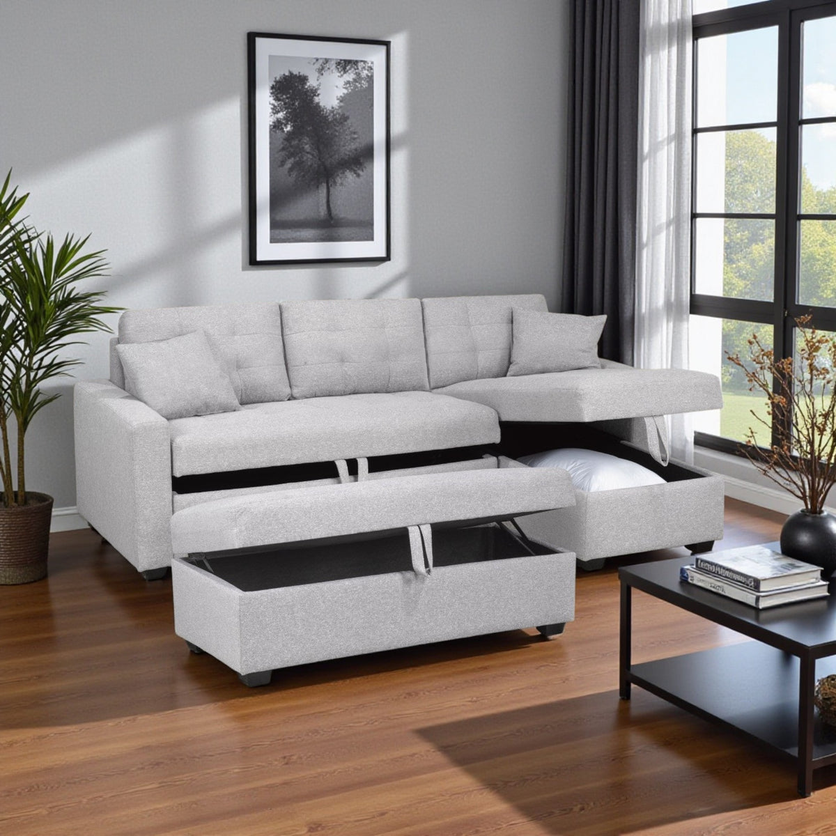 Gala Fabric Upholstered Reversible Sectional Sofa Bed With Ottoman - Light Grey - Light-Grey - Close-Up Detail