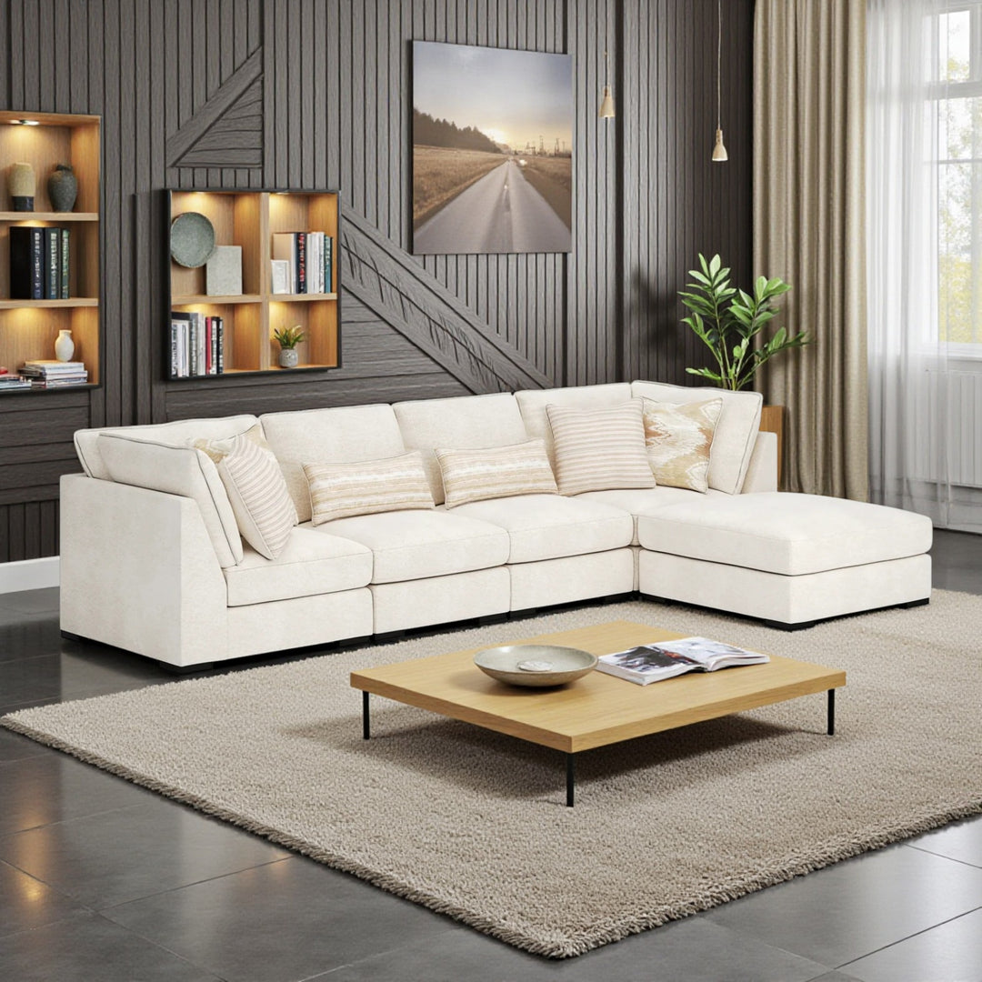 48002U1 Donelson Creek 4-Piece Fabric Sectional Sofa With Ottoman - Vanilla | Benchcraft By Ashley