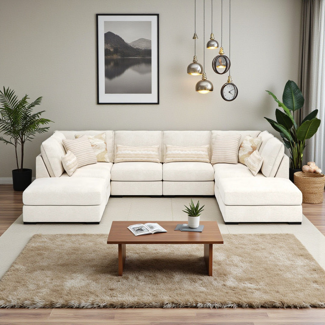 48002U2 Donelson Creek 6-Piece Fabric Sectional Sofa With Dual Ottoman - Vanilla | Benchcraft By Ashley