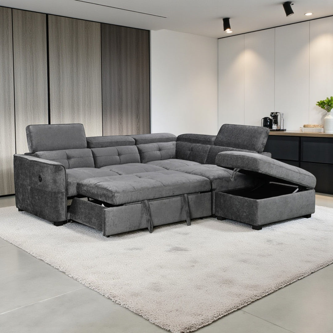 Vision Fabric Upholstered Sectional Sofa Bed With Storage Ottoman - Grey | Available
