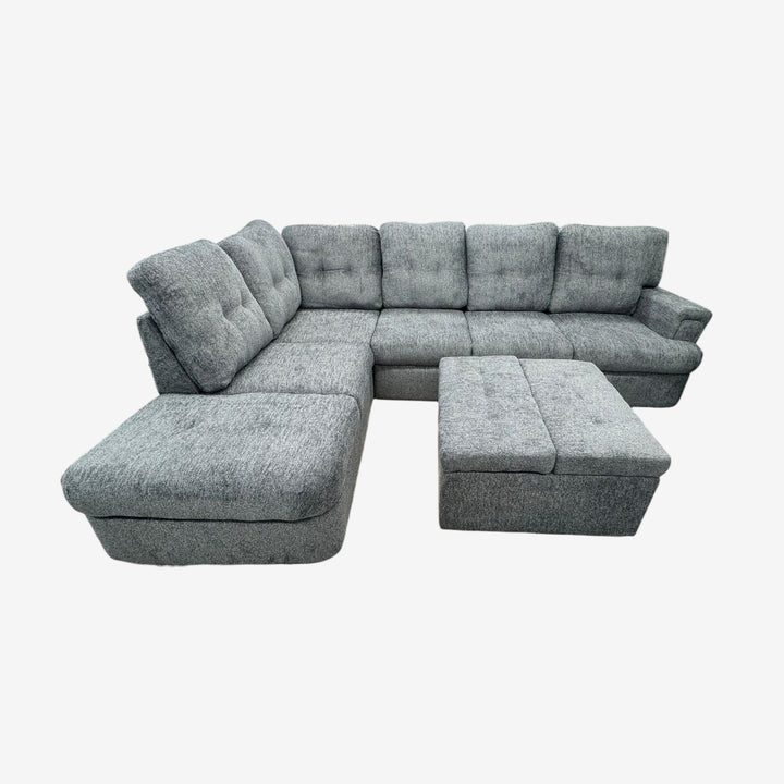 Bena Canapé sectionnel avec méridienne à droite et pouf de rangement – Gris | Disponible en configuration accoudoir gauche/droite