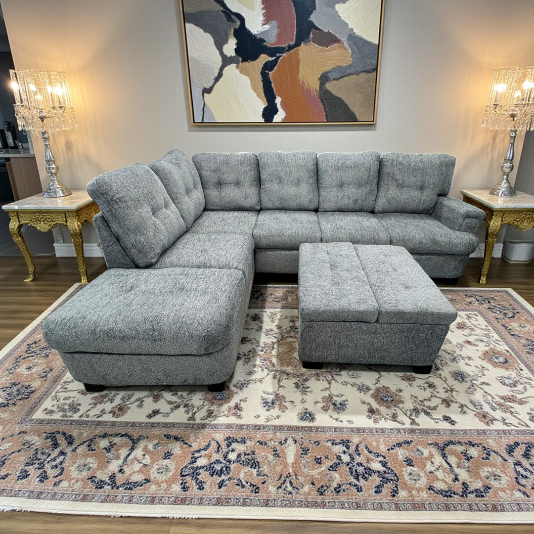 Bena Canapé sectionnel avec méridienne à droite et pouf de rangement – Gris | Disponible en configuration accoudoir gauche/droite