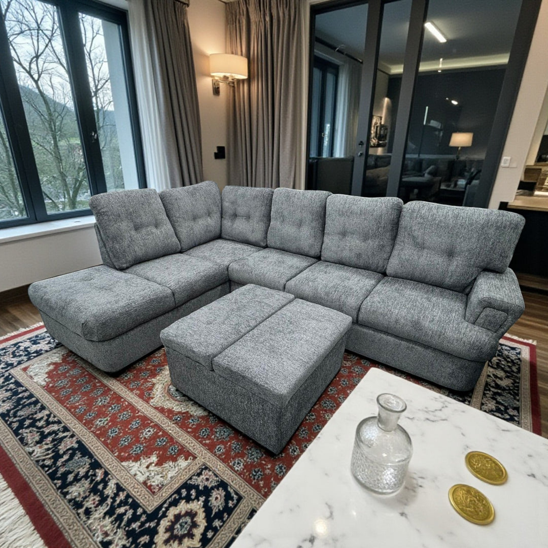 Bena Canapé sectionnel avec méridienne à droite et pouf de rangement – Gris | Disponible en configuration accoudoir gauche/droite