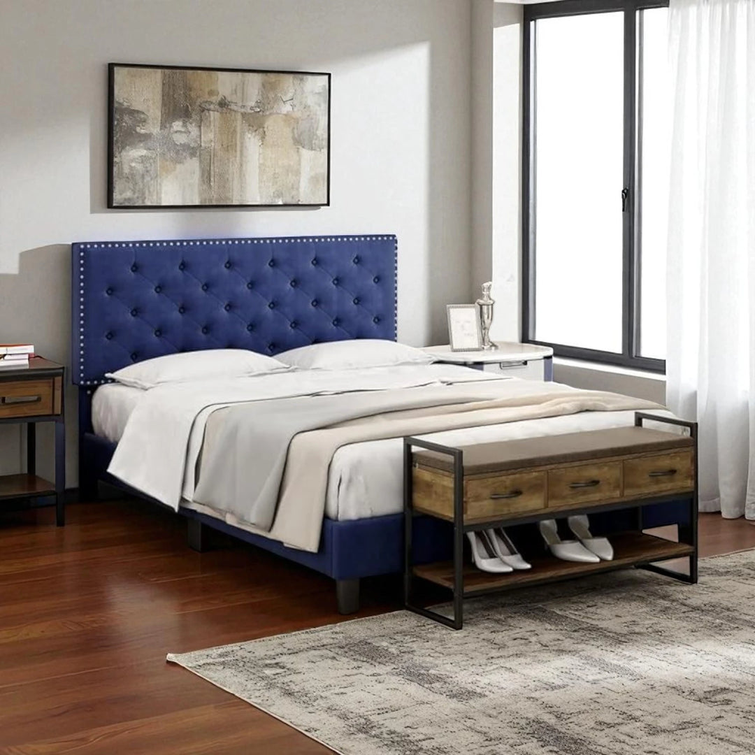 Renza Velvet Upholstered Platform Bed Frame With Adjustable Headboard - Blue