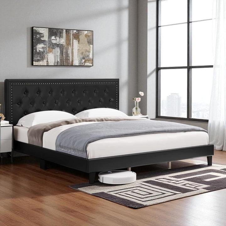 Renza Velvet Upholstered Platform Bed Frame With Adjustable Headboard - Black