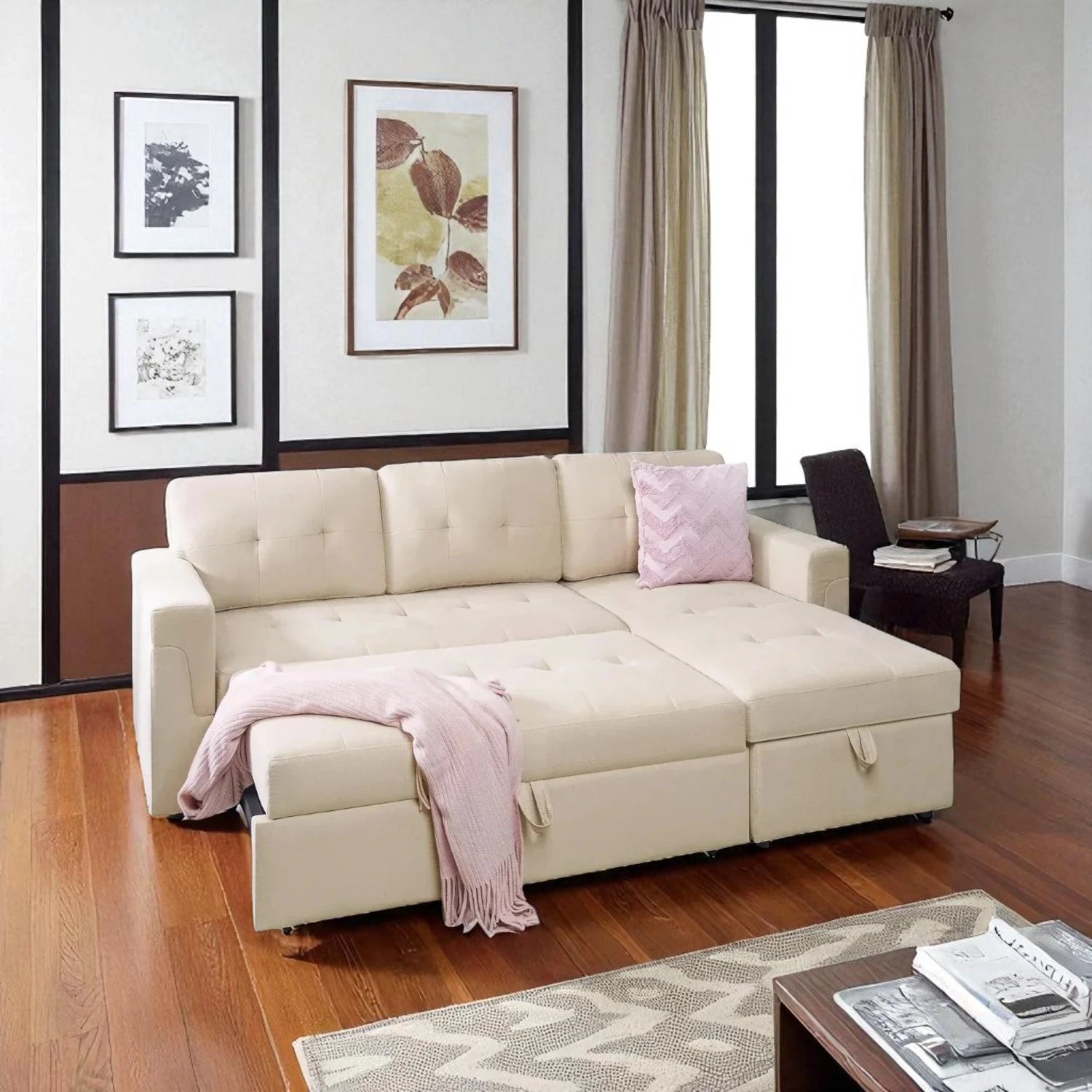 Trenton Sectional Sofa Bed With Reversible Storage Chaise & USB Charging Ports - Beige - Close-Up Detail